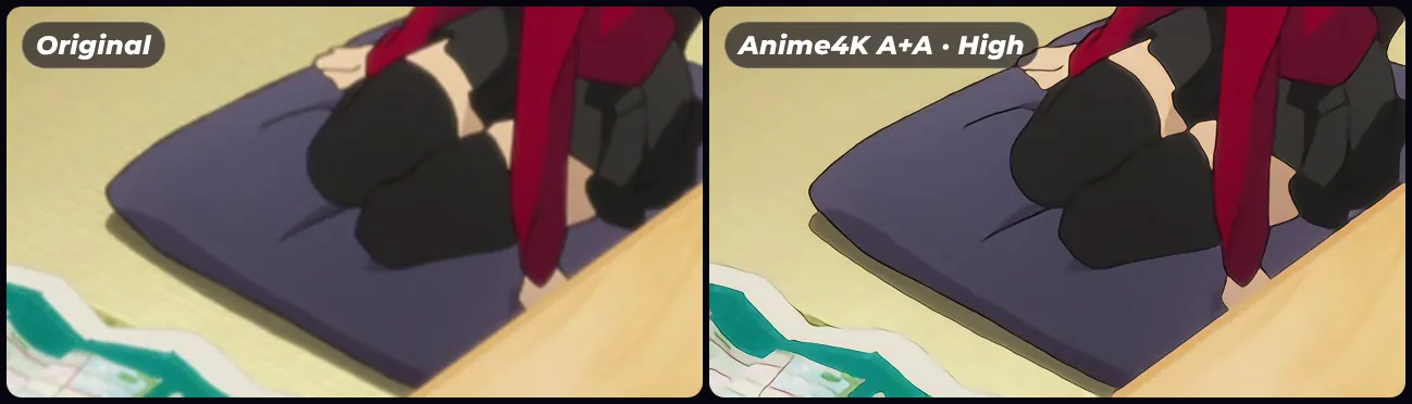 The same frame without and with Anime4K A+A High