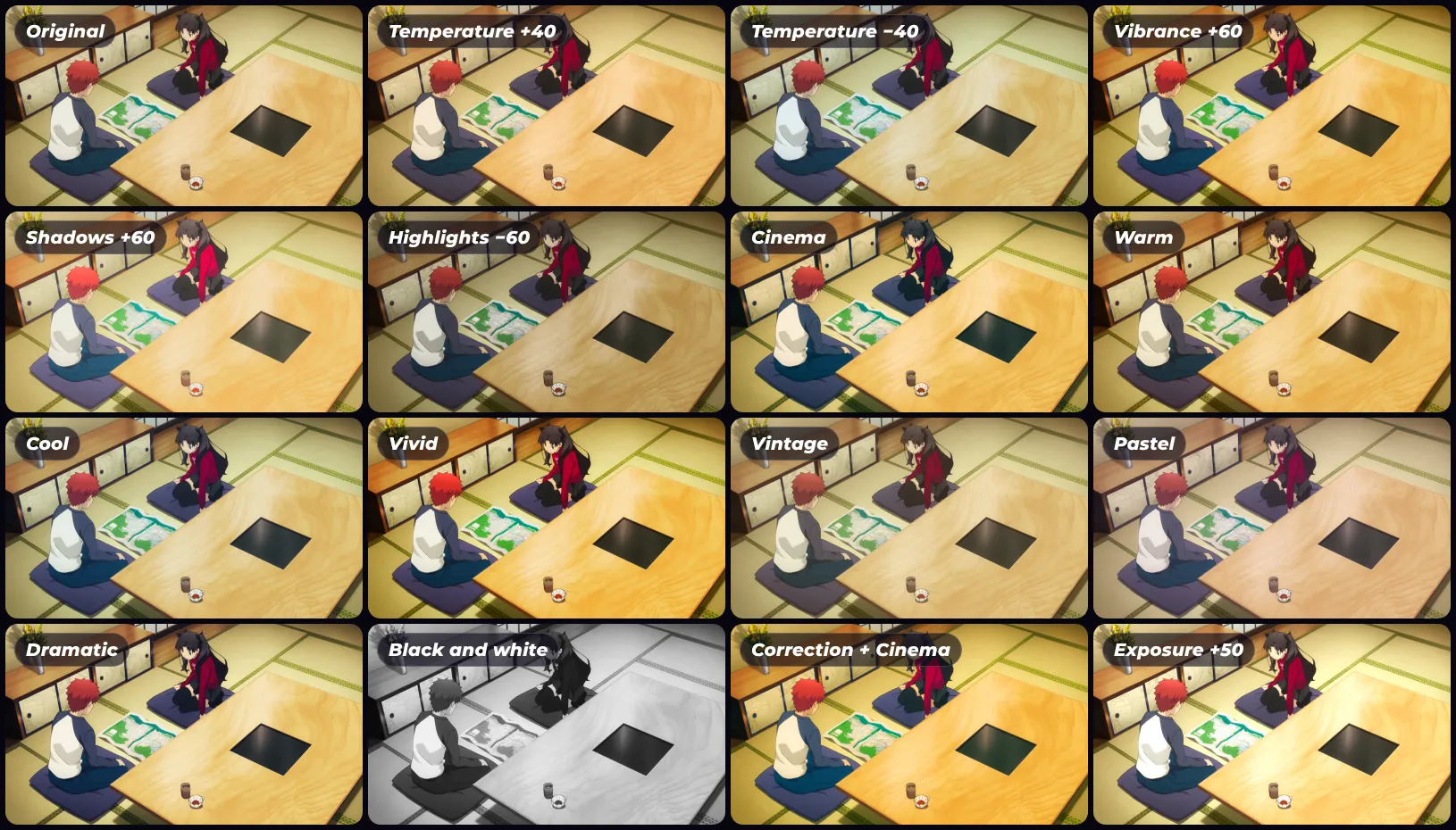 The same frame with each color correction setting and look